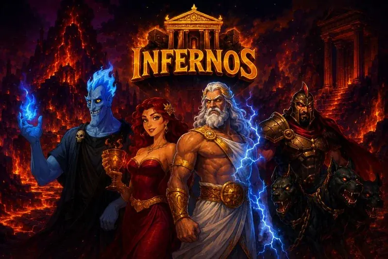 Hades, Persephone, Zeus en Cerberus voor de poorten van Infernos